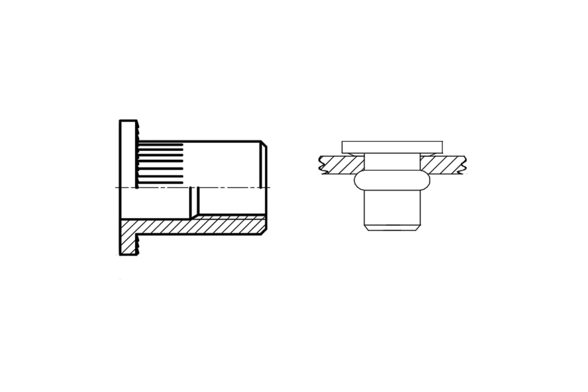 AN 315 AL Клепальна гайка з плоским буртиком рифлена відкрита AN 315 AL Клепальна гайка з плоским буртиком рифлена відкрита