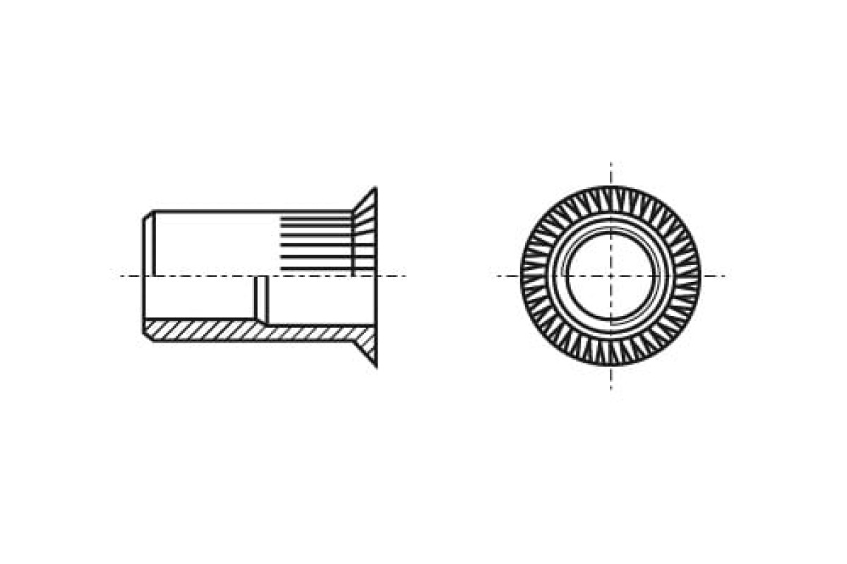 AN 318 A4 Клепальна гайка з потайним буртиком рифлена відкрита AN 318 A4 Клепальна гайка з потайним буртиком рифлена відкрита