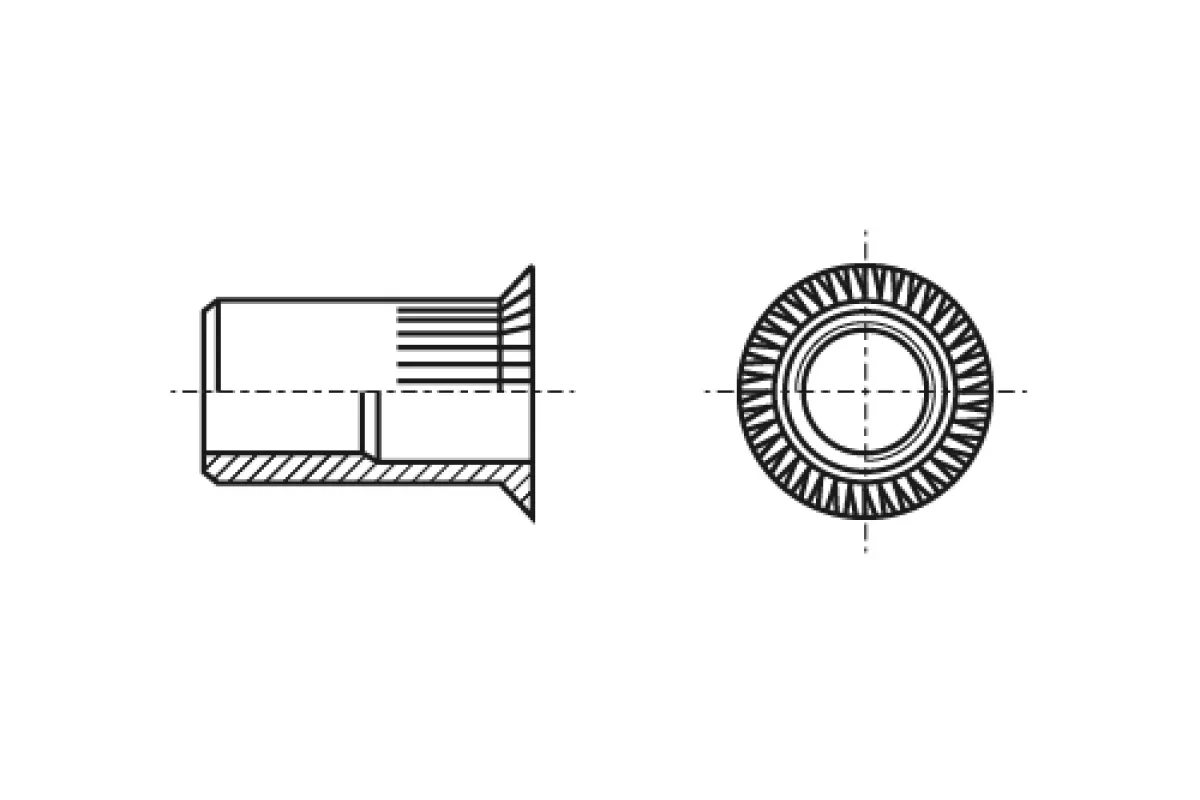 Клепальна гайка A2 з потайним буртиком рифлена відкрита Bralo Клепальна гайка A2 з потайним буртиком рифлена відкрита Bralo