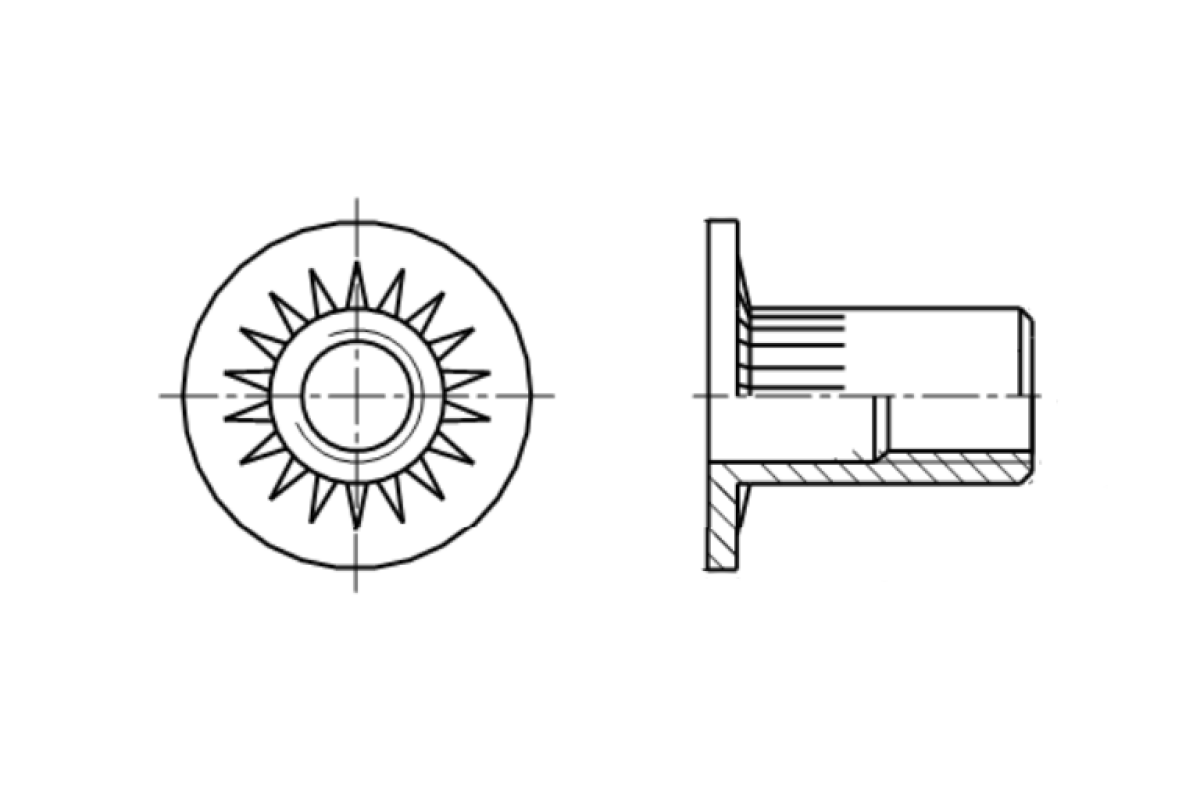 AN 317 цинк Клепальна гайка з плоским збільшеним буртиком рифлена відкрита AN 317 цинк Клепальна гайка з плоским збільшеним буртиком рифлена відкрита