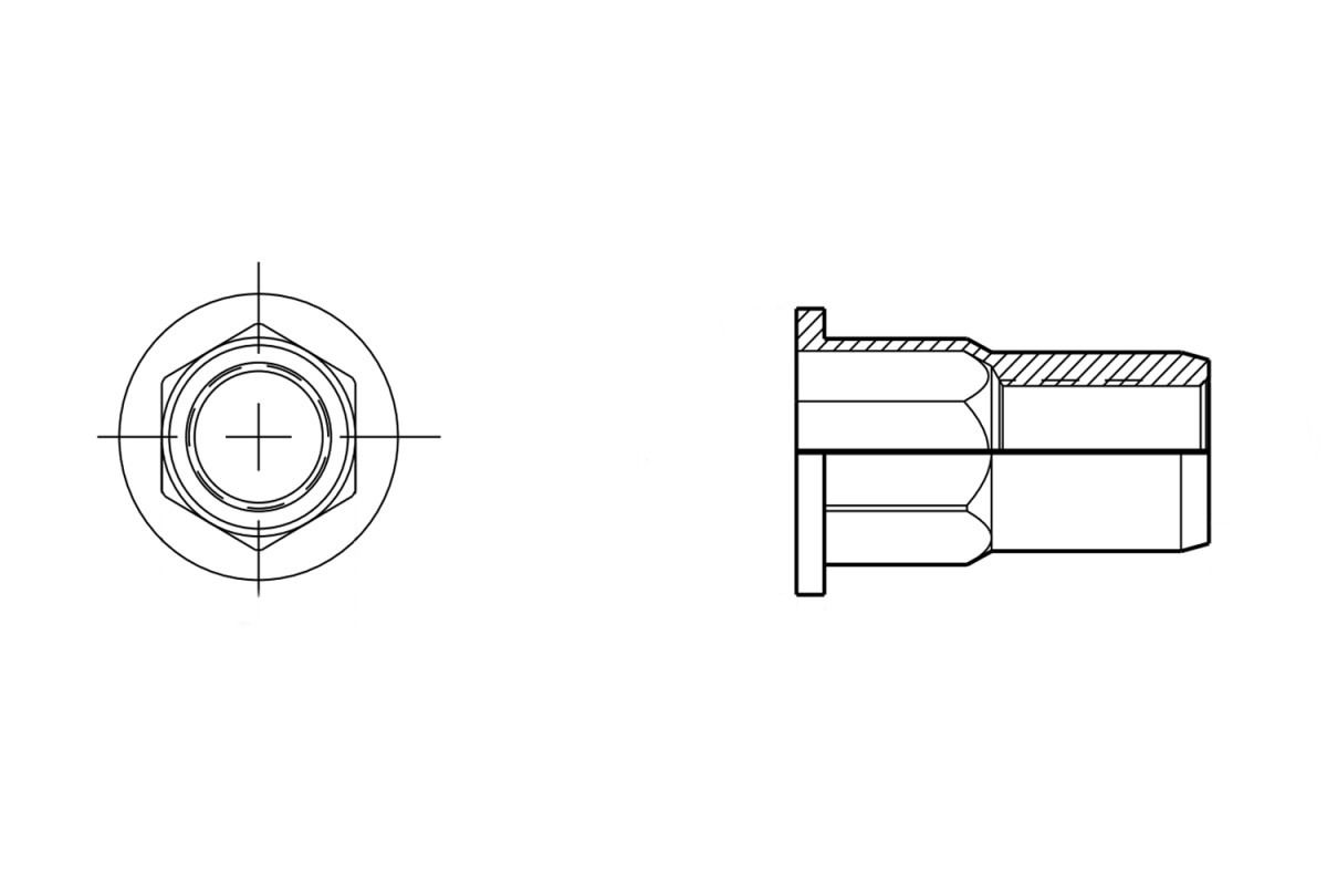 Клепальна гайка A2 зі збільшеним буртиком частково шестигранна відкрита Bralo Клепальна гайка A2 зі збільшеним буртиком частково шестигранна відкрита Bralo